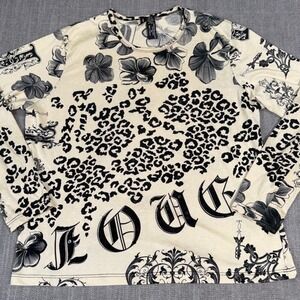 Lynn Ritchie Silk Blend Leopard Floral Gothic Graphic Long Sleeve Top Cream XL